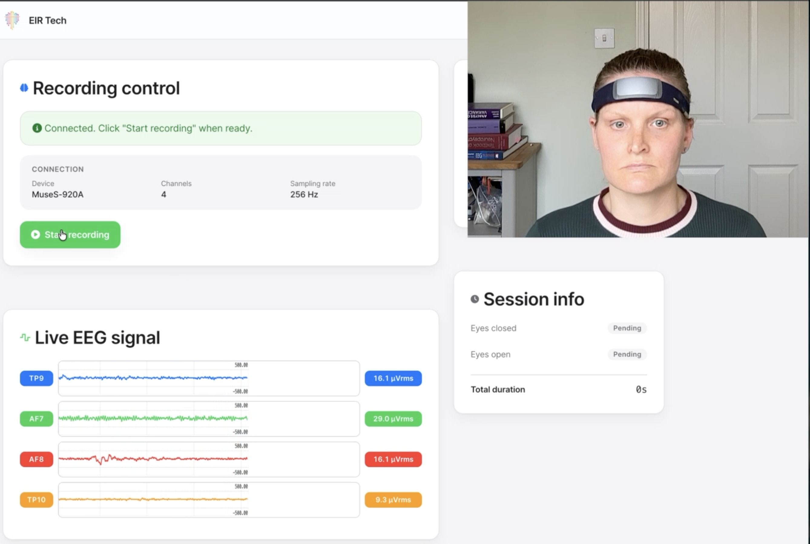 EIR recording session — live EEG signal captured from a Muse consumer headset