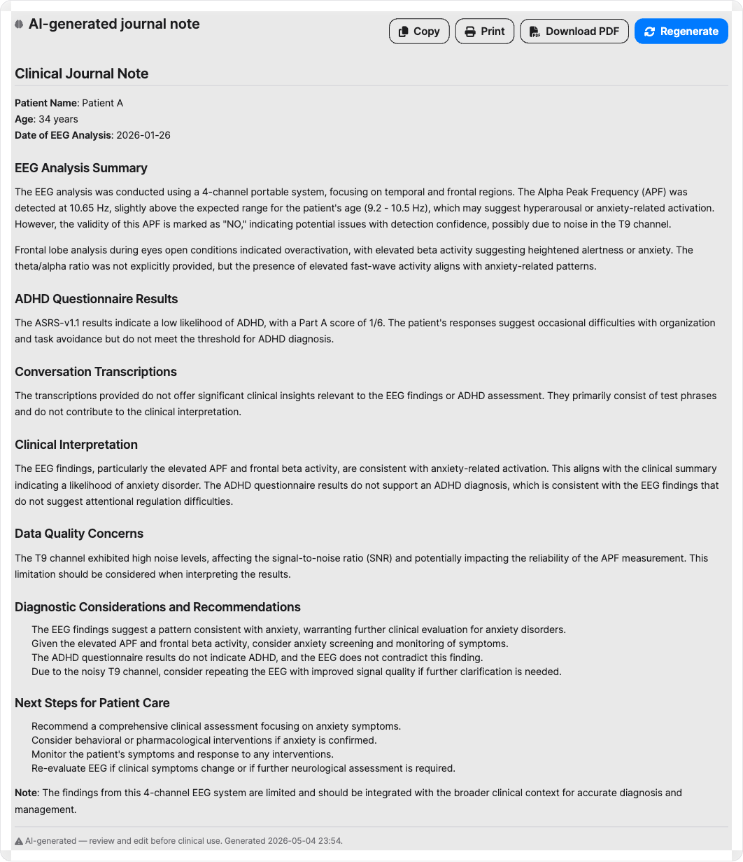AI-generated clinical journal note — example output from a short Muse EEG recording