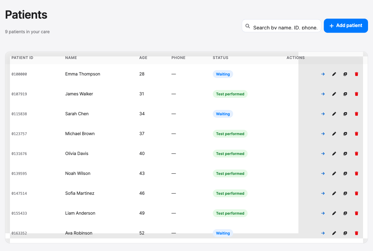 EIR patient list — anonymised demonstration view